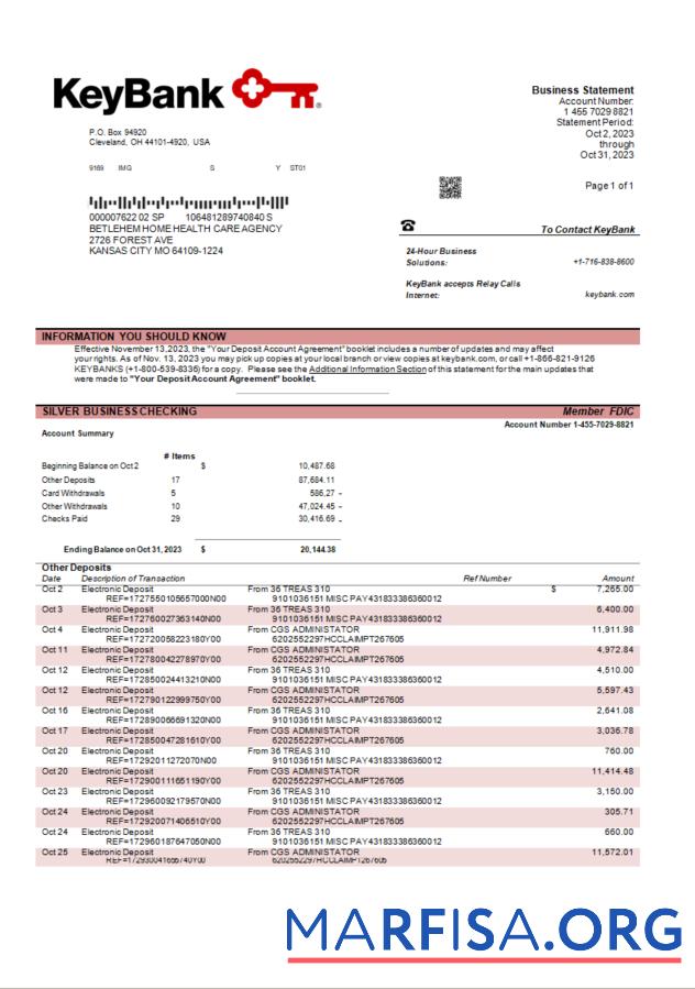 Printable Keybank business bank statement Word and PDF template